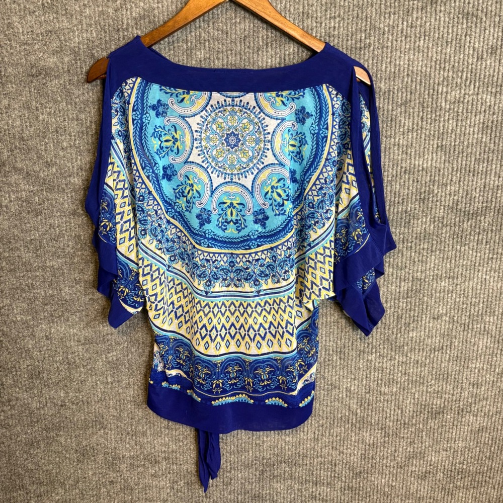 INC International Concepts Blue Paisley Cold Shoulder Tie Front Top Size S - Picture 3 of 4